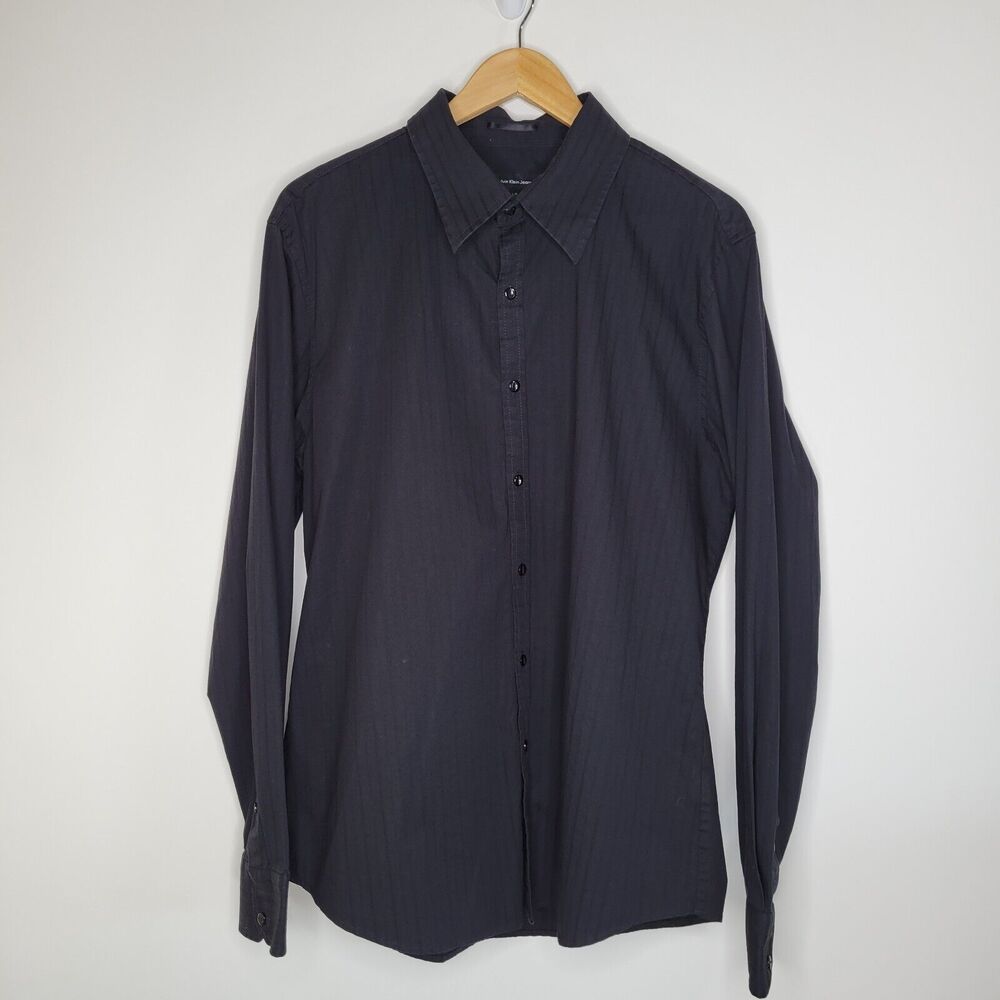 CALVIN KLEIN Men's Black Button Down Shirt Size L Vintage Monochromatic Stripe